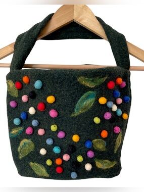 Handmade Felted Wool Pom-Pom & Leaf Boho Handbag Cottagecore